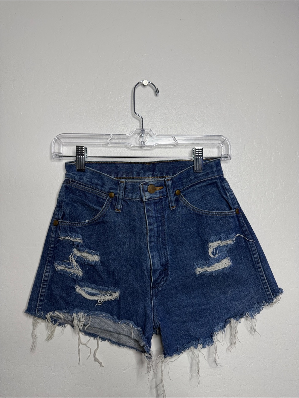 Wrangler Distressed Dark Blue Denim Cutoff Shorts